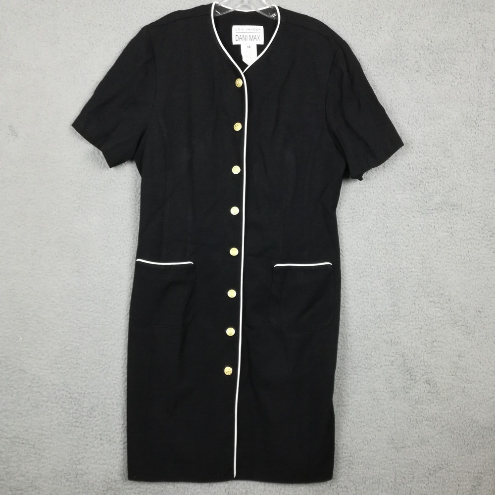 Vtg Dani Max Womens Shift Dress Short Sleeve Button Front Black Knee Length 14